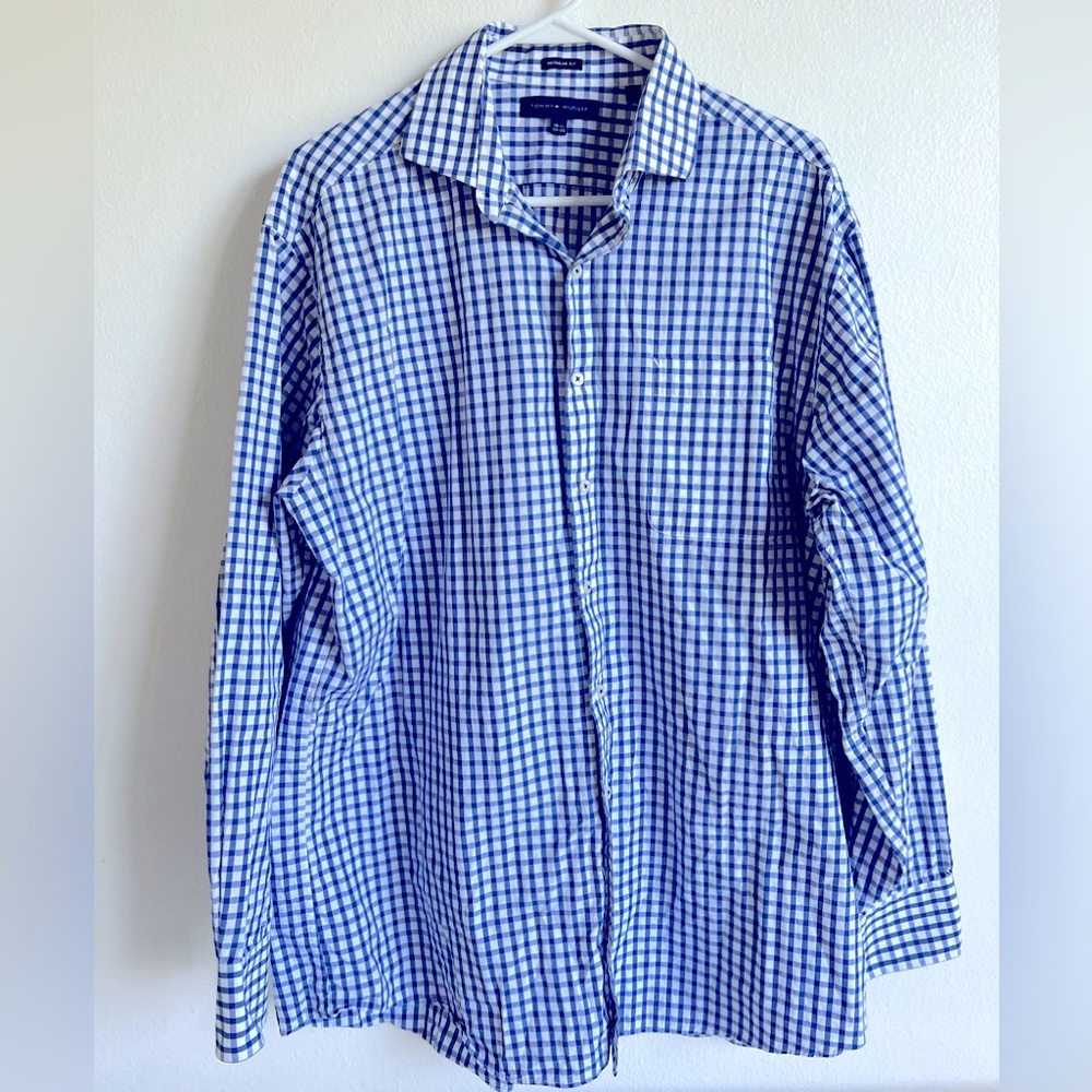 Blue and White Tommy Hilfiger button down shirt, men’s 34-35 Regular fit